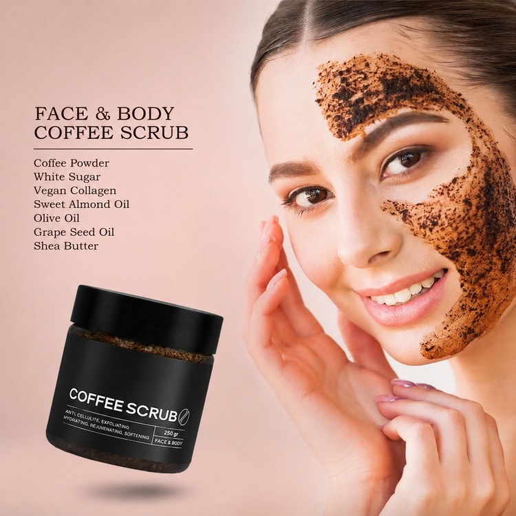 اسکراب قهوه صورت و بدن با کلاژن گیاهی، روغن بادام شیرین و شیباتر، ۲۵۰ گرم