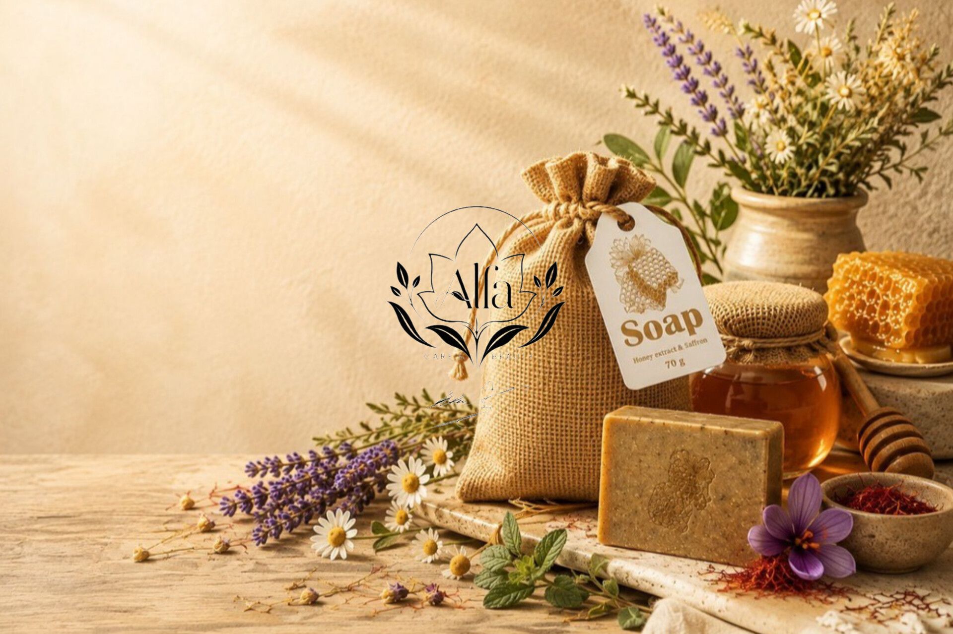 صابون گیاهی عسل و زعفران  مناسب جوان‌سازی و شفاف‌سازی پوست با روغن‌های طبیعی، ۷۰ گرم