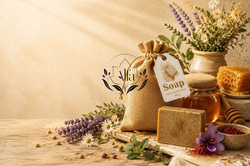صابون گیاهی عسل و زعفران مناسب جوانسازی و شفافسازی پوست با روغنهای طبیعی، ۷۰ گرم