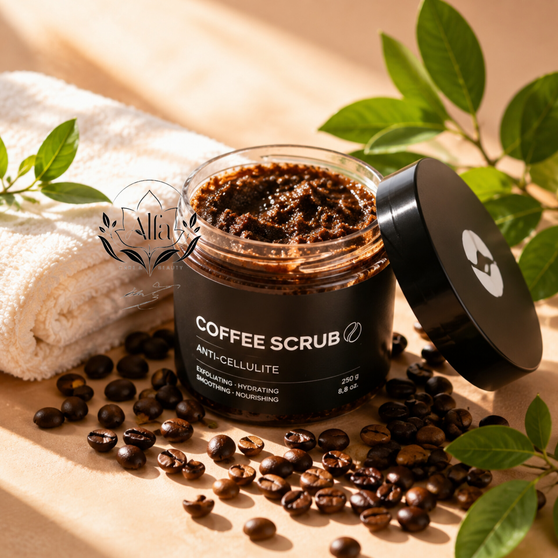 اسکراب قهوه صورت و بدن با کلاژن گیاهی، روغن بادام شیرین و شی‌باتر، ۲۵۰ گرم